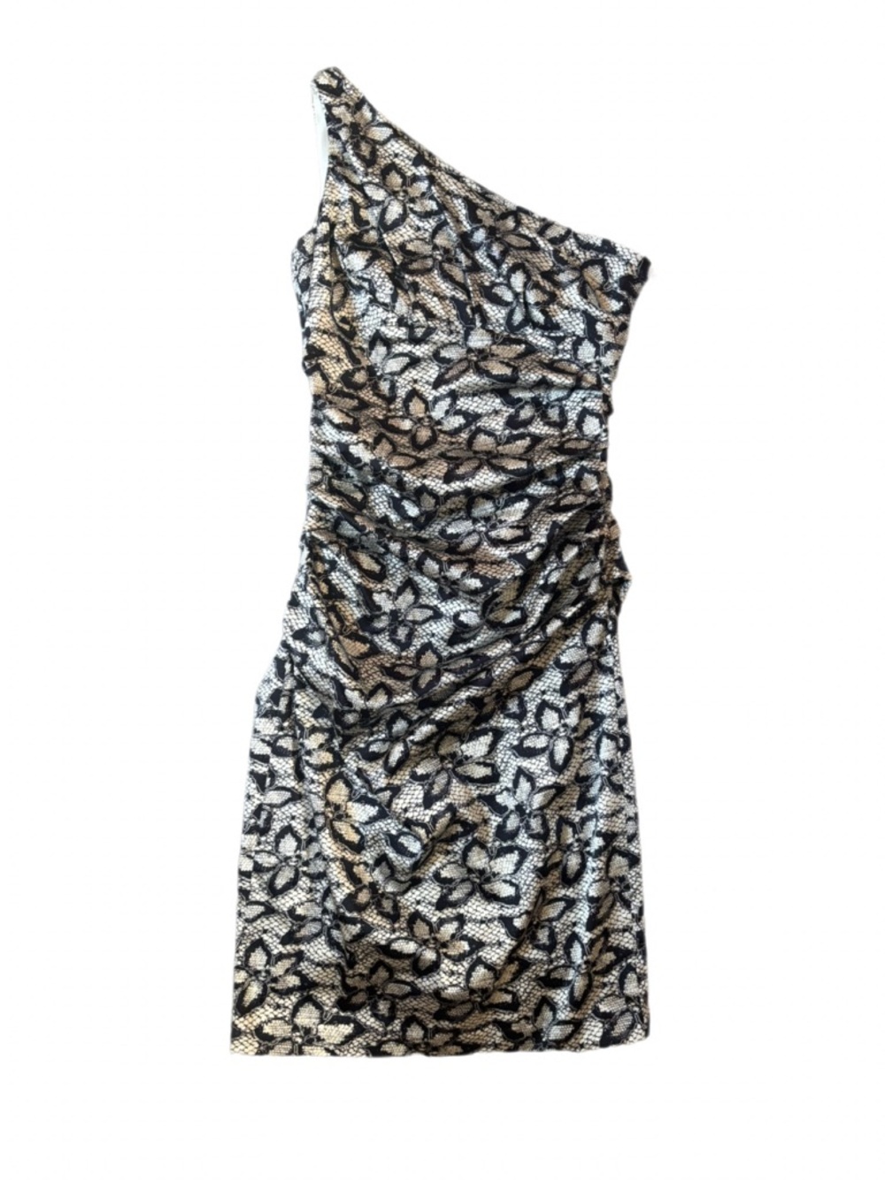Suzi Chin for Maggy Boutique White/black floral runched, asymmetrical shoulder 6